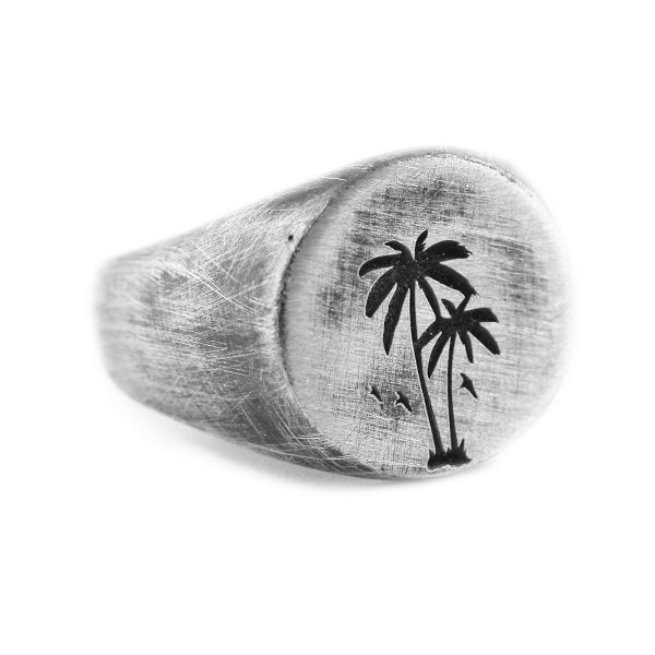 Palm Silver Brushed Round Signet Mens Rings