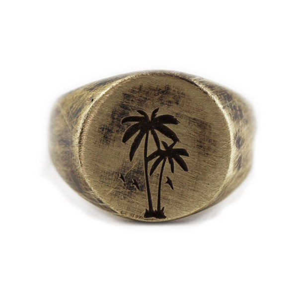 Palm Gold Brushed Round Signet Mens Rings