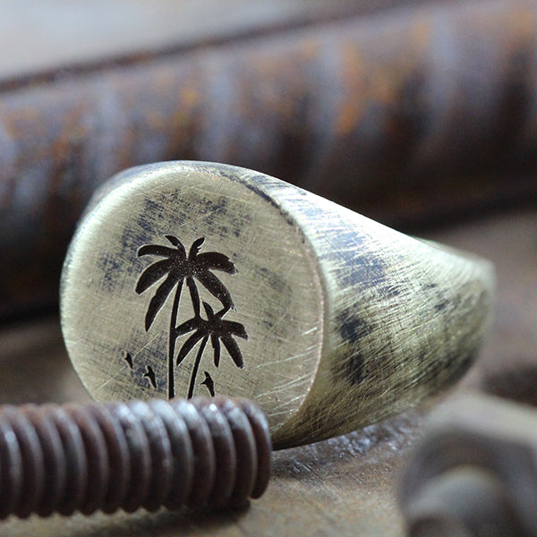 Palm Gold Brushed Round Signet Mens Rings