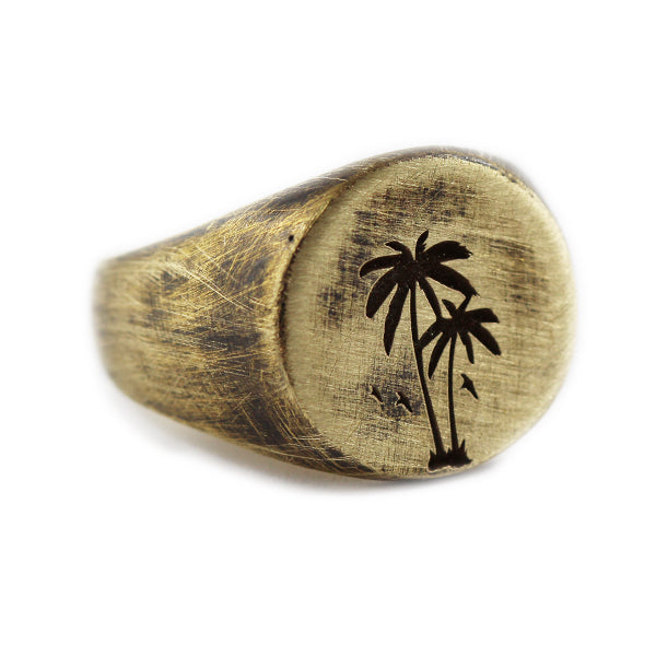 Palm Gold Brushed Round Signet Mens Rings