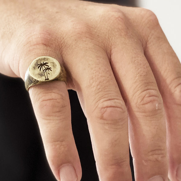 Palm Gold Brushed Round Signet Mens Rings