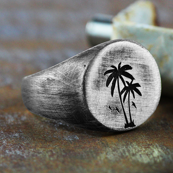 Palm Silver Brushed Round Signet Mens Rings