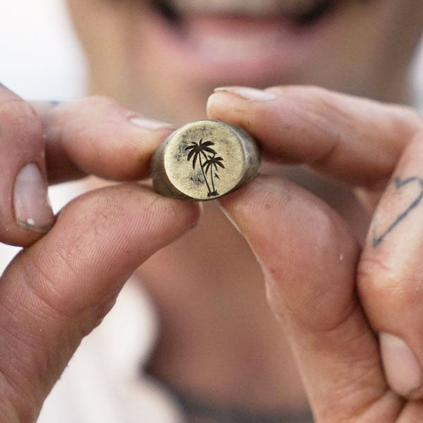 Palm Gold Brushed Round Signet Mens Rings