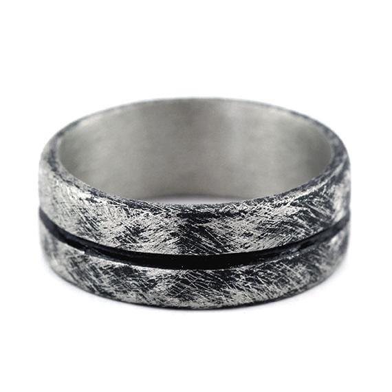 oxidized brushed silver men's line wedding day band