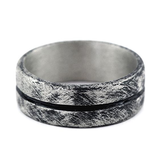 oxidized brushed silver men's line wedding day band