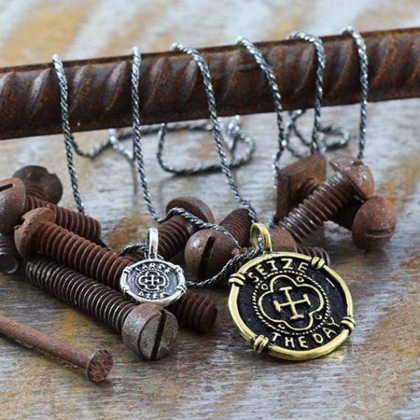 Men's Oxidized Brass And Sterling Silver Coin Charm Necklace
