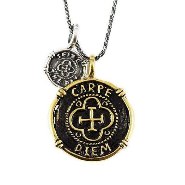 Men's Oxidized Brass And Sterling Silver Coin Charm Necklace