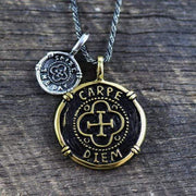 Men's Oxidized Brass And Sterling Silver Coin Charm Necklace