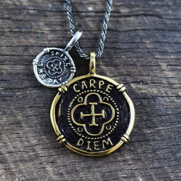 Men's Oxidized Brass And Sterling Silver Coin Charm Necklace