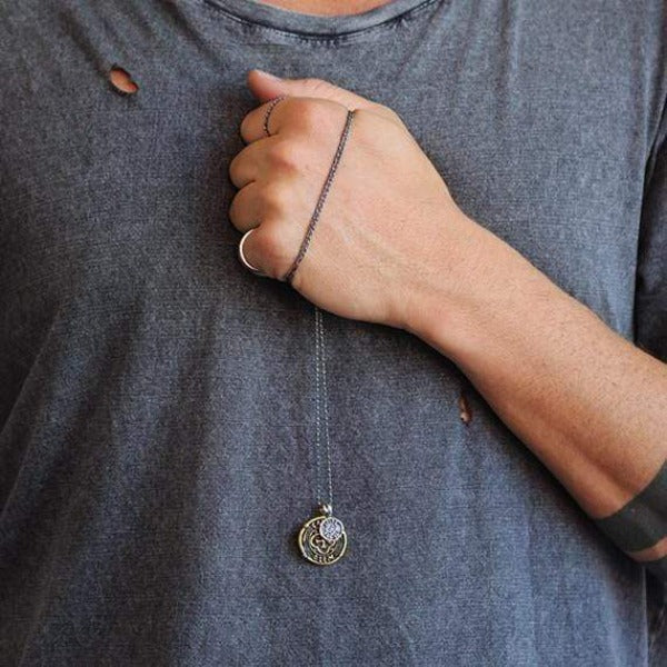 Men's Oxidized Brass And Sterling Silver Coin Charm Necklace