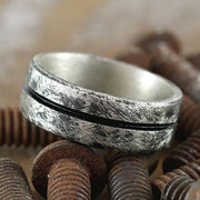 oxidized brushed silver men's line wedding day band