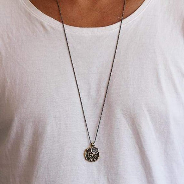 Men's Oxidized Brass And Sterling Silver Coin Charm Necklace