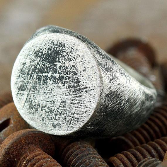 Silver Brushed Round Signet Mens Ring