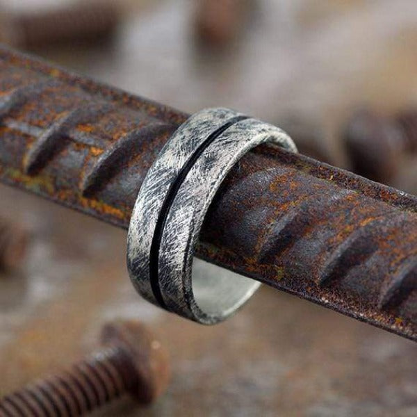 oxidized brushed silver men's line wedding day band