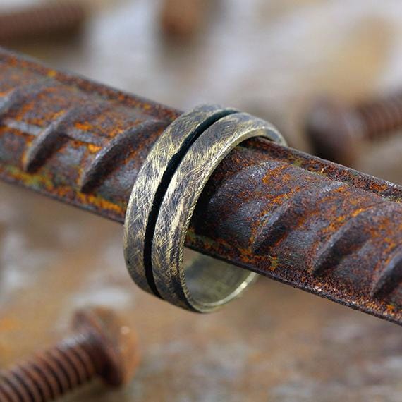 Oxidized Gold Mens Line Wedding Band